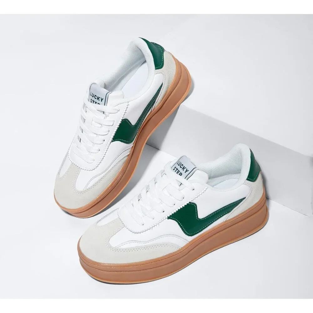 Women Platform WhiteGreen Sneaker Thick Sole Suede Leather Low Top Walking Shoes - Picture 4 of 9